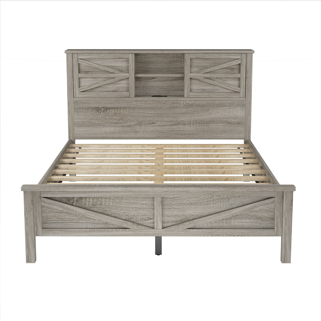 3-Pieces Bedroom Sets Queen Size Farmhouse Platform Bed with Double Sliding Door Storage Headboard and Charging Station, Storage Nightstand and Dresser, Antique Gray(Old SKU HL000092AAG)