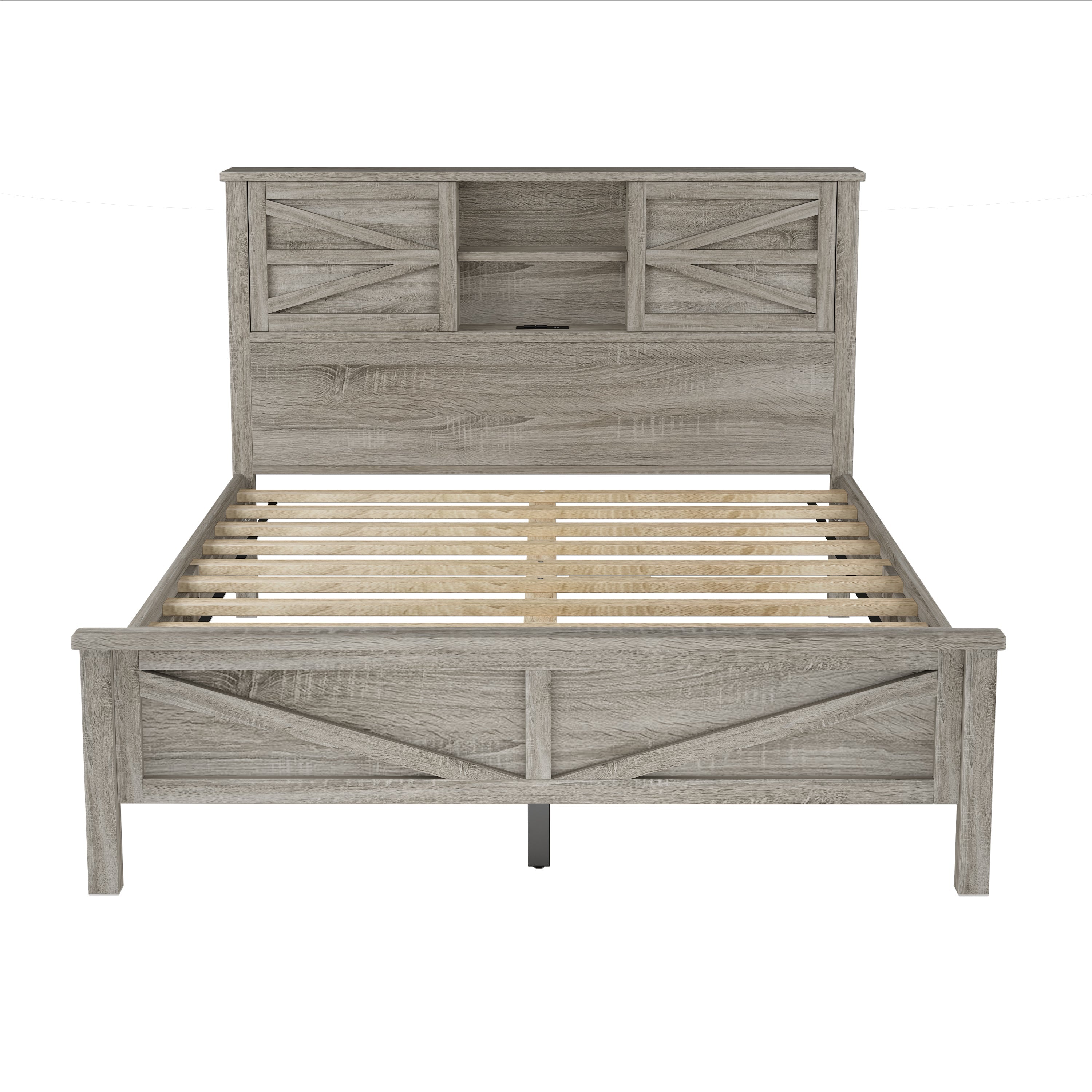 3-Pieces Bedroom Sets Queen Size Farmhouse Platform Bed with Double Sliding Door Storage Headboard and Charging Station, Storage Nightstand and Dresser, Antique Gray(Old SKU HL000092AAG)