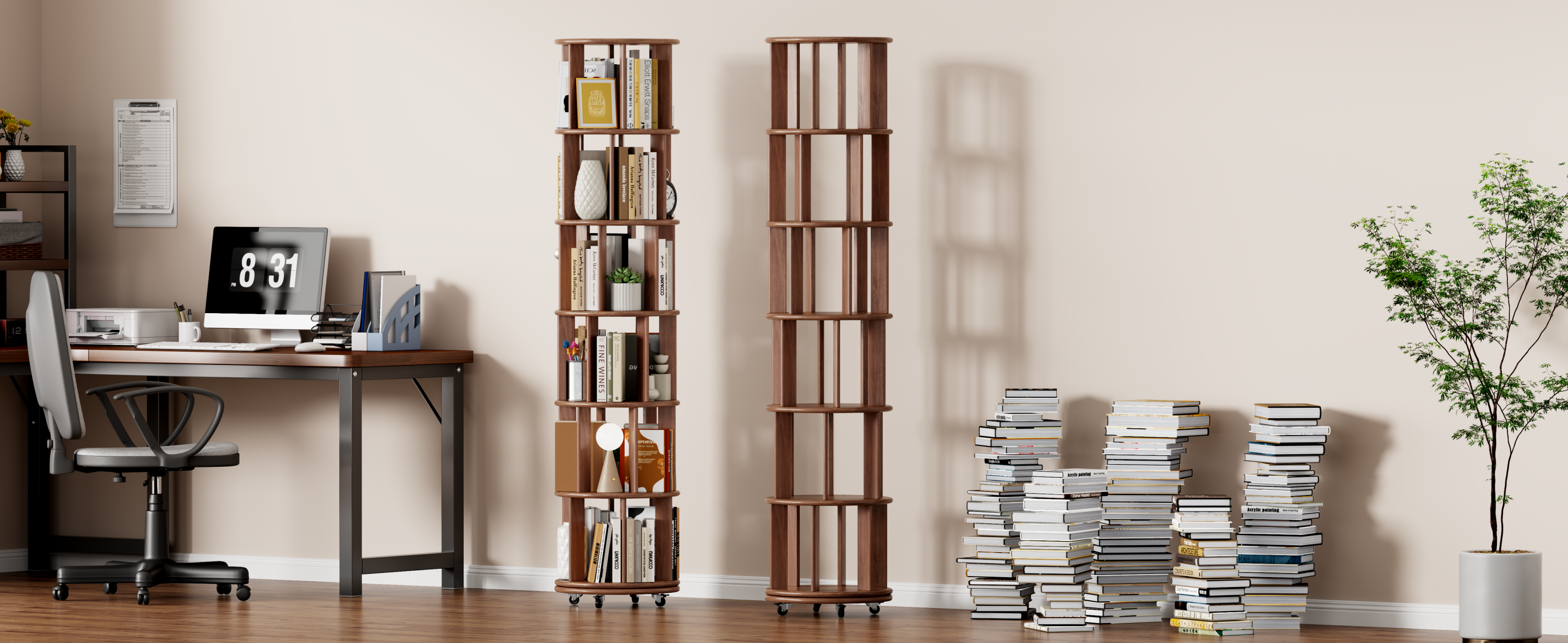 100%Solid Wood Rotating Bookshelf on Wheels, 6 Tier, Round Revolving Bookcase, 360° Spinning Book Shelf Tower for Kids, Narrow Rolling Bookshelves for Small Space, Corner, Bedroom, Office, Walnut