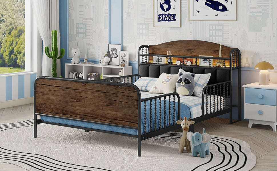 Full Size Metal Platform Bed Frame with Light, Kids Full Metal Bed with Upholstered and Storage Headboard, Black (Expect Arrival Date 2025/10/5)