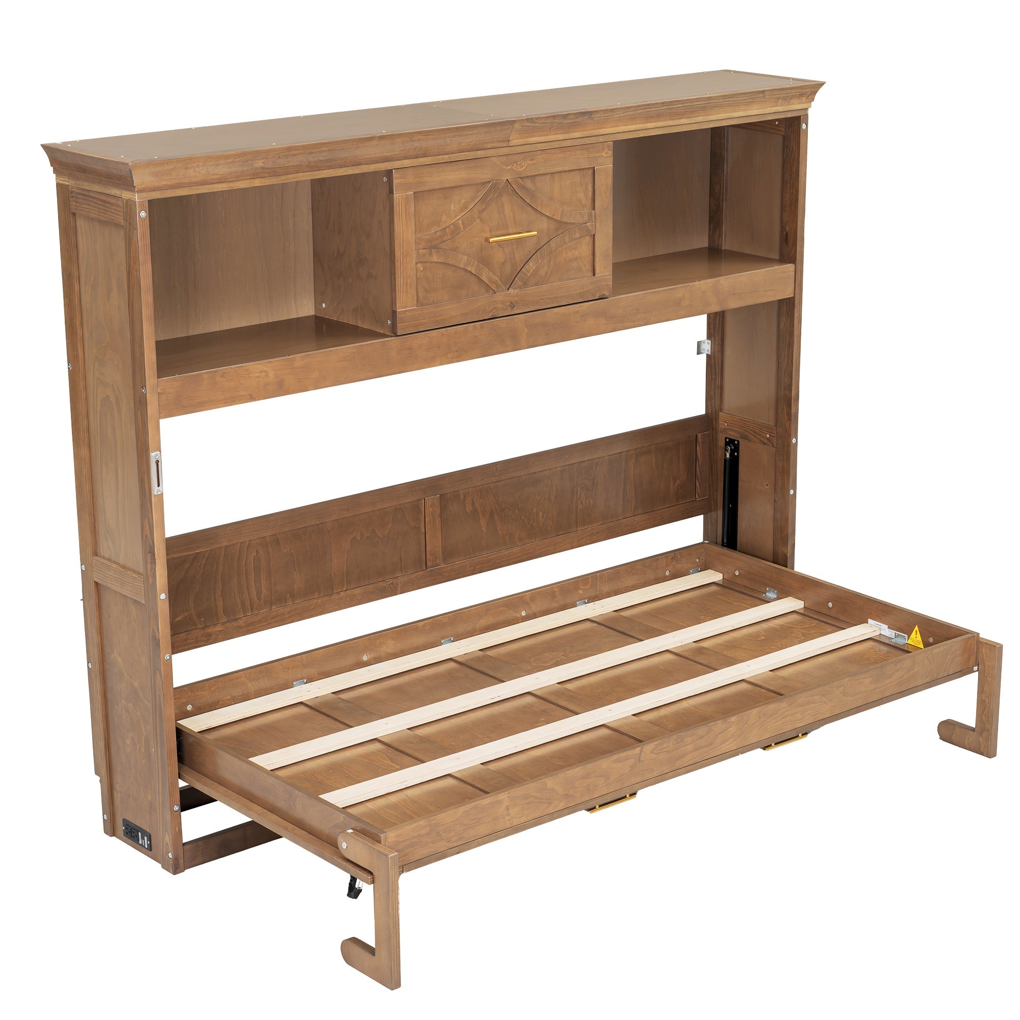 Twin Size Murphy Bed with Charging Station and Drawer in Wood Color, Solid Pine Wood + MDF