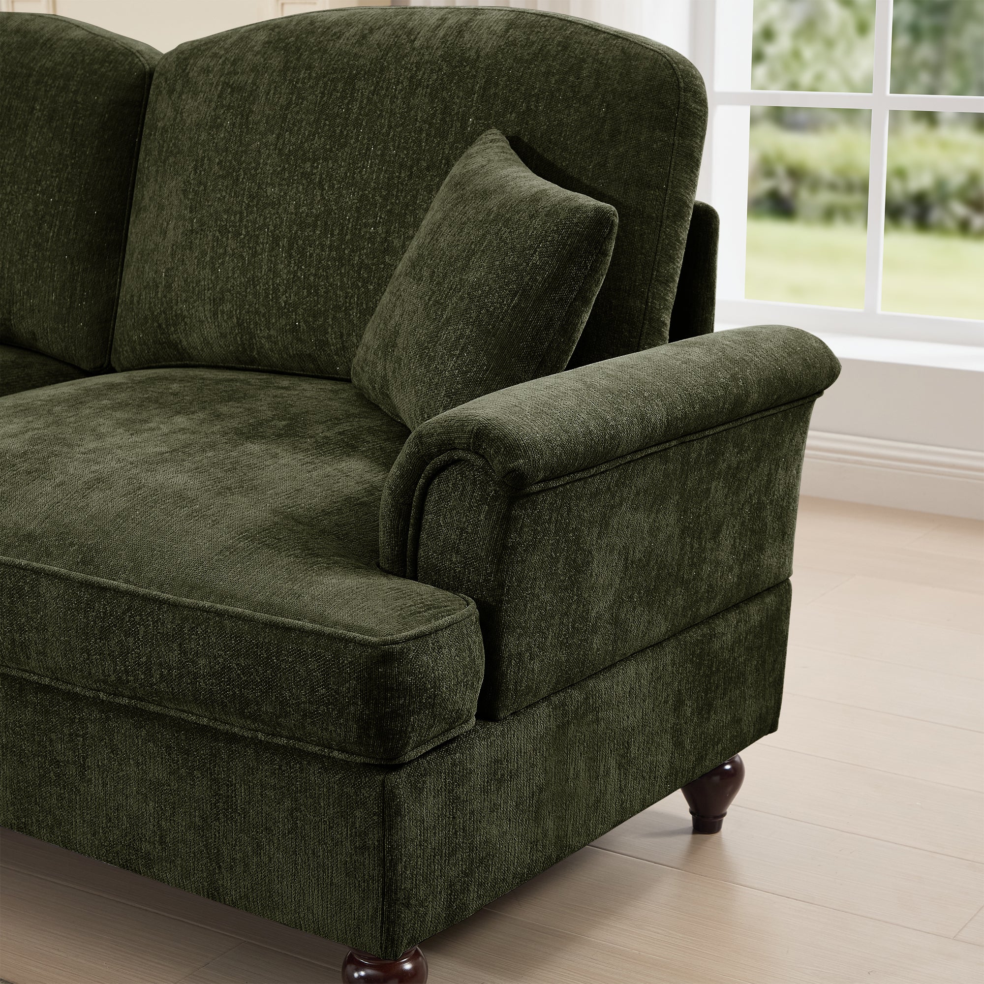 Classic Comfy Modular U Shape Sectional Sofa Couch with Flared Arms and Removable Ruffles Pleats Skirts and Spindle Legs, Upholstered Chenille Deep Seat Cloud Sofa with Movable Ottomans,Green