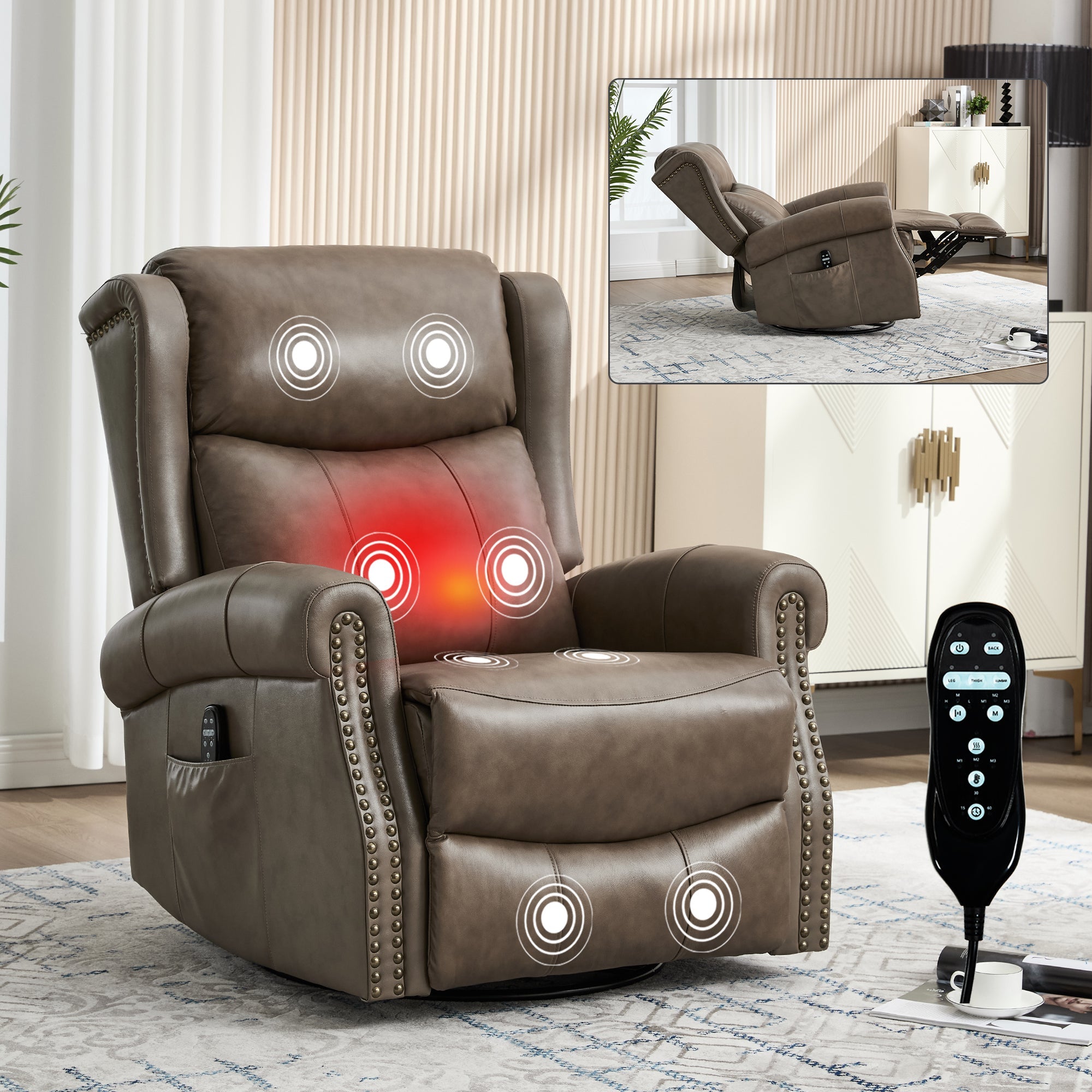 Heat Massage Manual Recliner Chair with Rocker and Swivel in Genuine leather for Living Room