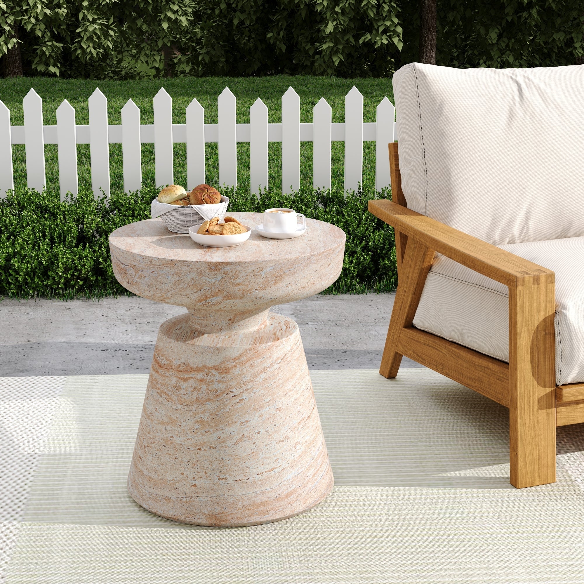 Outdoor/Indoor Lightweight Concrete Side Table, Travertine Finish, Beige, 20.5 x 17.75 Inches