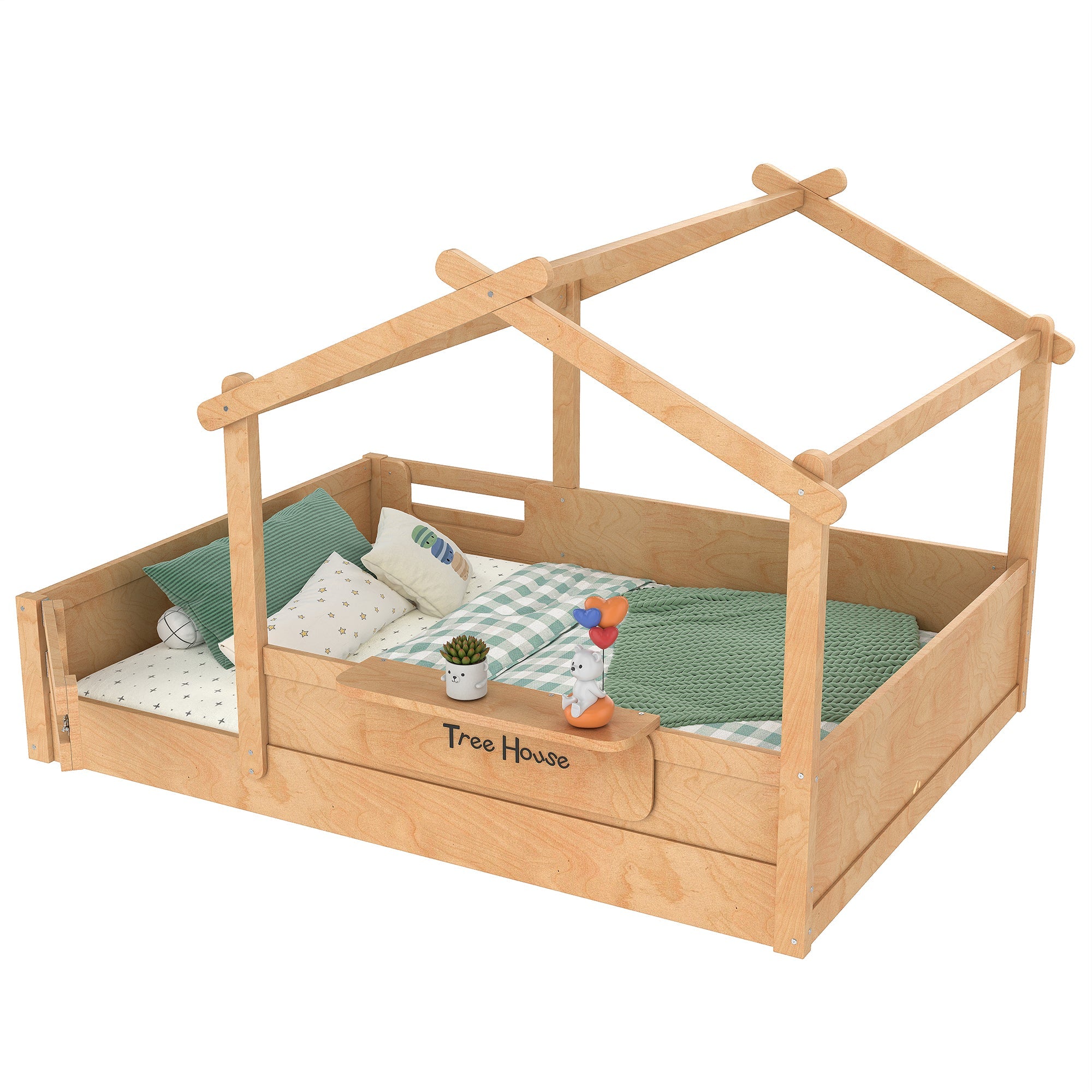 Full Size Floor Bed with Guardrails and Roof, Kids House Floor Bed with a Small Built-in Tray and Free-installed Signboard, Childlike Design, Natural