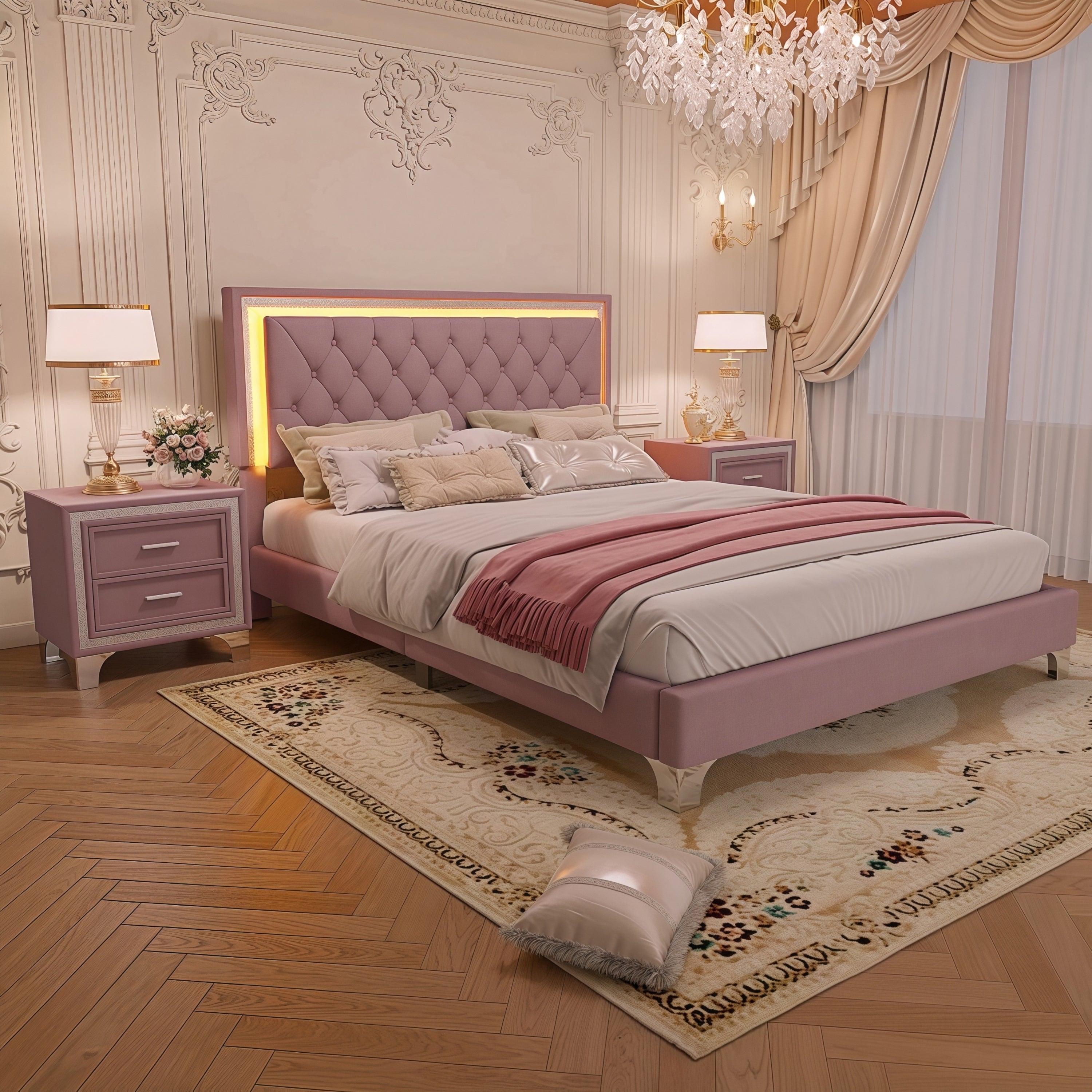 3-Pieces Bedroom Sets,Queen Size Upholstered Platform Bed with LED Lights and Two Nightstands-Pink