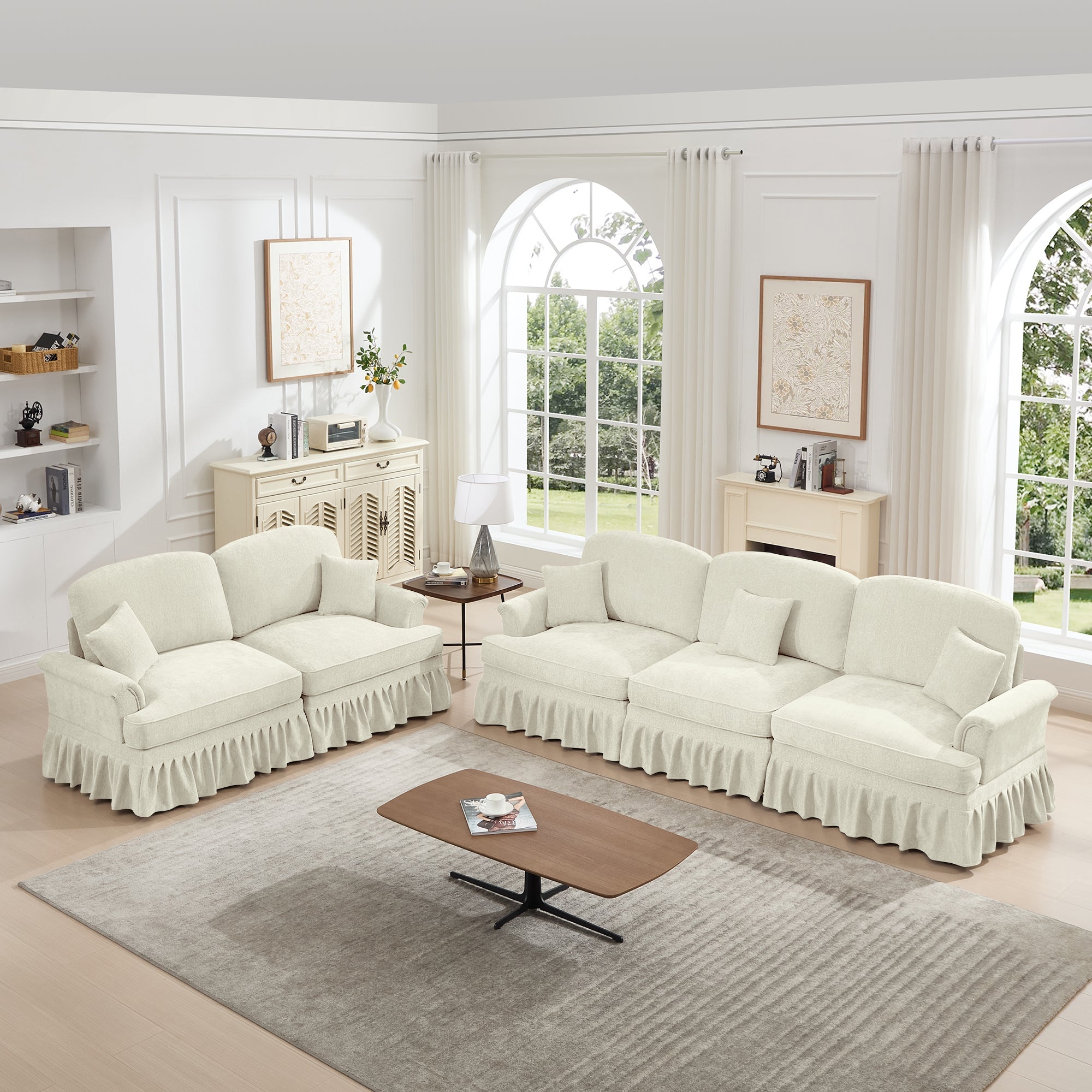 Classic 2 Piece Modular Couch Living Room Sofa Set with Flared Arms and Removable Ruffles Pleats Skirts and Spindle Legs, 3 Seater Sofa + 2-Seat Loveseat Sofa Sets for Living Room, Beige White