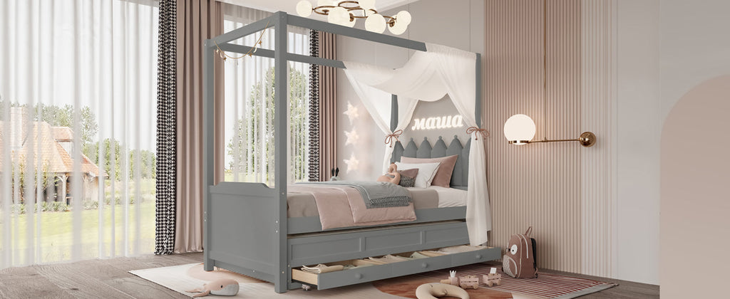Twin Platform Bed with Upholstered Headboard,Twin Size Trundle and 3 Drawers,Princess Canopy Bed Frame for Kids,Storage & Easy Assembly,Gray