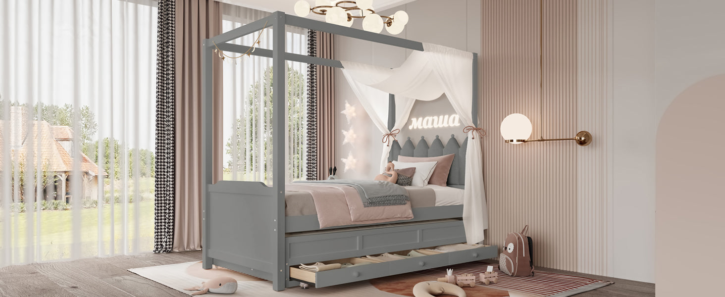 Twin Platform Bed with Upholstered Headboard,Twin Size Trundle and 3 Drawers,Princess Canopy Bed Frame for Kids,Storage & Easy Assembly,Gray