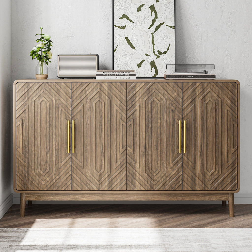 Modern Carved 4-Door Sideboard Buffet Cabinet with Storage, Adjustable Layer Board, Walnut Finish