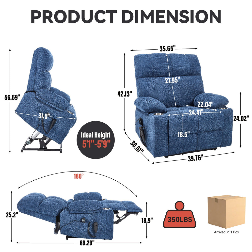 Blue Dual Motor Infinite Position Up to 350 LBS Chenille Power Lift Recliner Chair, Heavy Duty Motion Mechanism with 8-Point Vibration Massage and Lumbar Heating, Dual Cup Holders