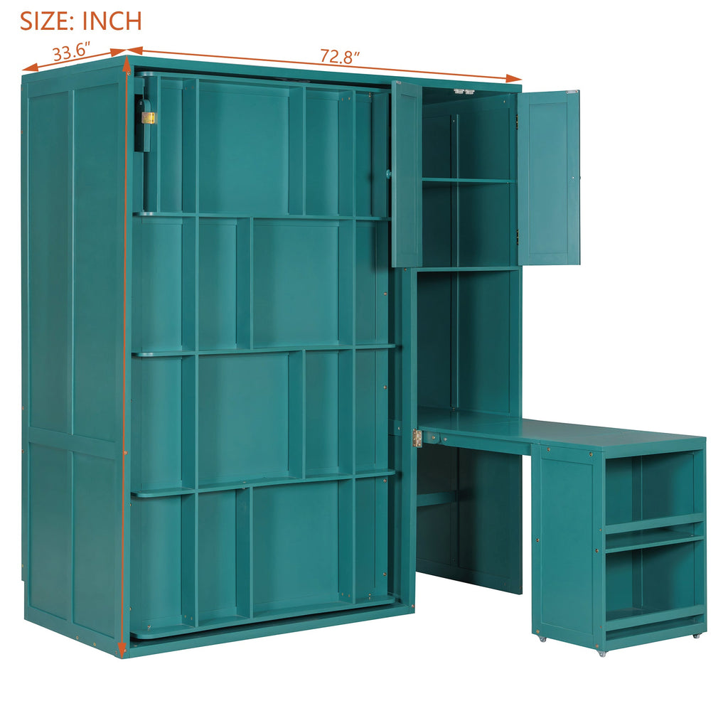 Twin Size Rotating Wall Murphy Beds with Bookshelf, Top Cabinet, Extendable Desk & Side Storage, Teal