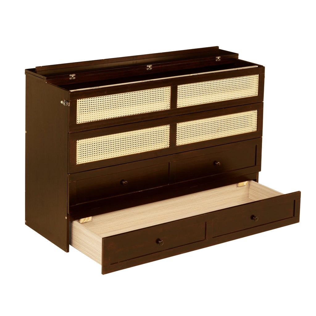 Queen Size Murphy Bed, Pine Wood Cabinet Bed with Rattan Decoration and Storage Drawer,Walnut