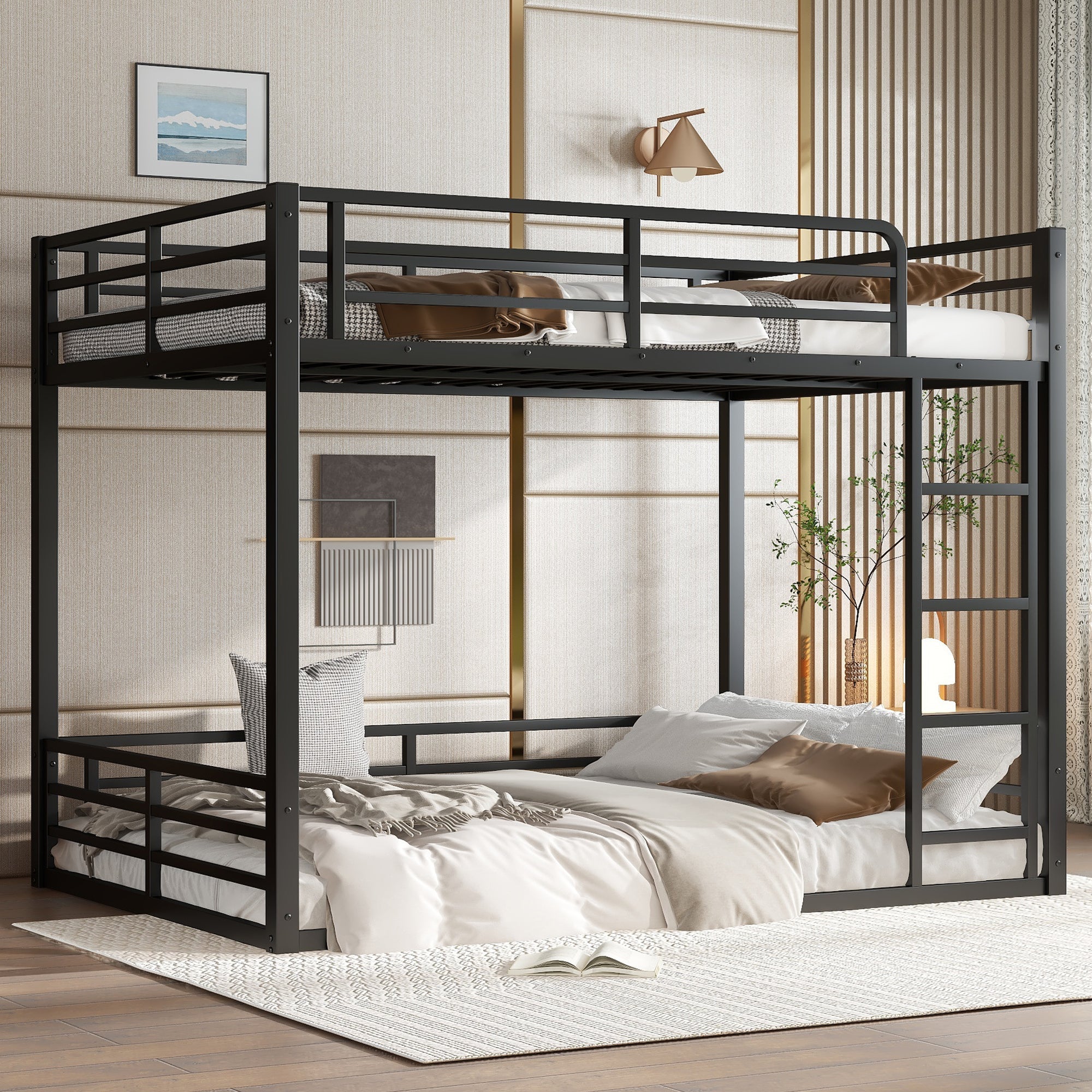 Metal Bunk Bed, Full XL over Full XL Floor Bunk Bed Frame,Heavy-Duty Bunk Bed for Kids, Teens, Adults, Noise-reduced Design, Black