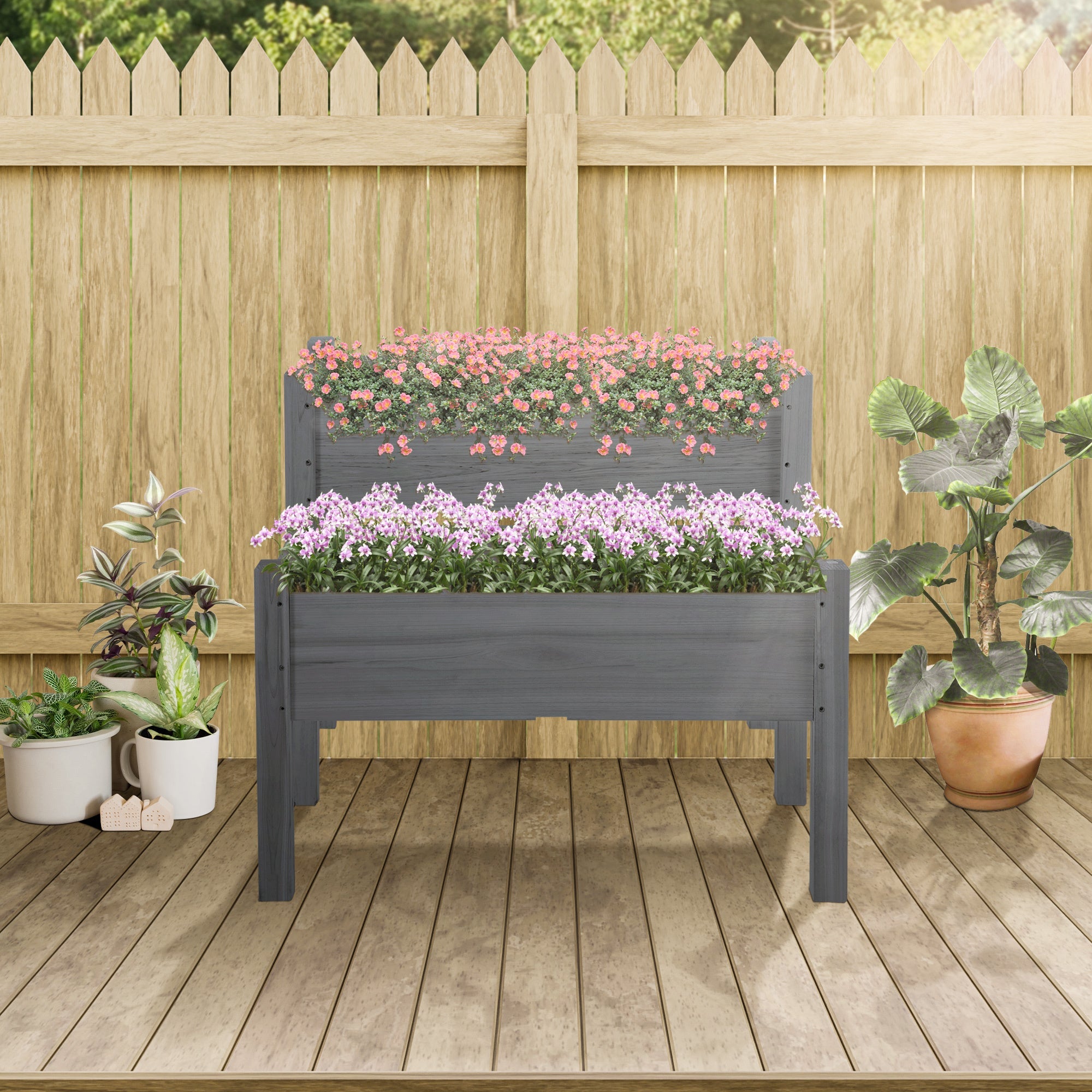 Outsunny 34'x34'x28' Raised Garden Bed, 2-Tier Elevated Wood Planter Box for Backyard, Patio to Grow Vegetables, Herbs, and Flowers, Gray