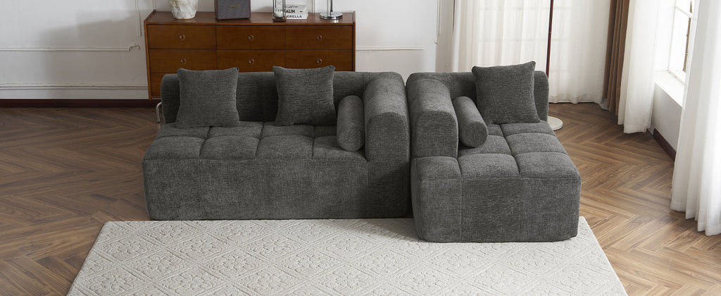 Modern Grey Modular Sectional Sofa with Deep Seating and Side Pockets in Chenille Fabric