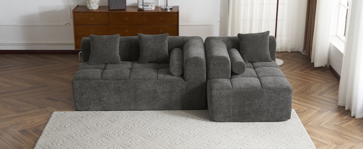 Modern Grey Modular Sectional Sofa with Deep Seating and Side Pockets in Chenille Fabric