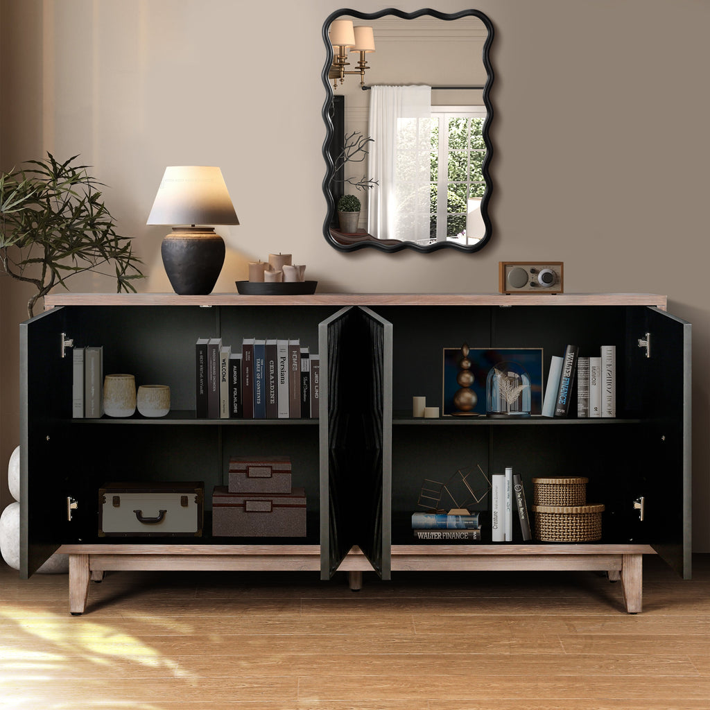 Mid Century Sideboard Buffet Cabinet with Solid Wood Legs 60" Kitchen Storage Cabinet Credenza with 4 Convex pattern diamond Doors and 2 Shelves Accent Console Table for Living Room Entrance Hall etc