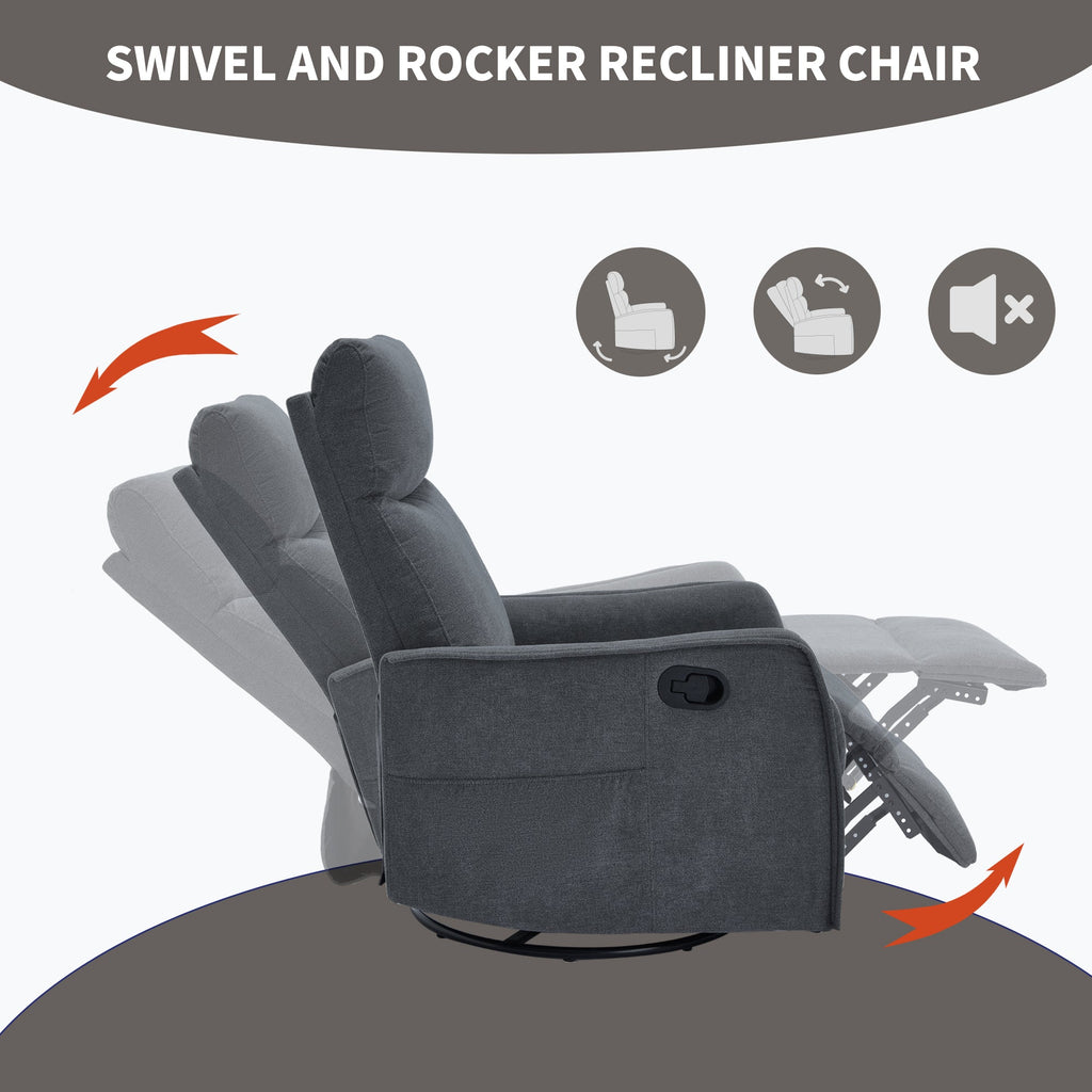 Heat Massage Manual Recliner Chair with Rocker and Swivel in Fabric for Living Room, Grey