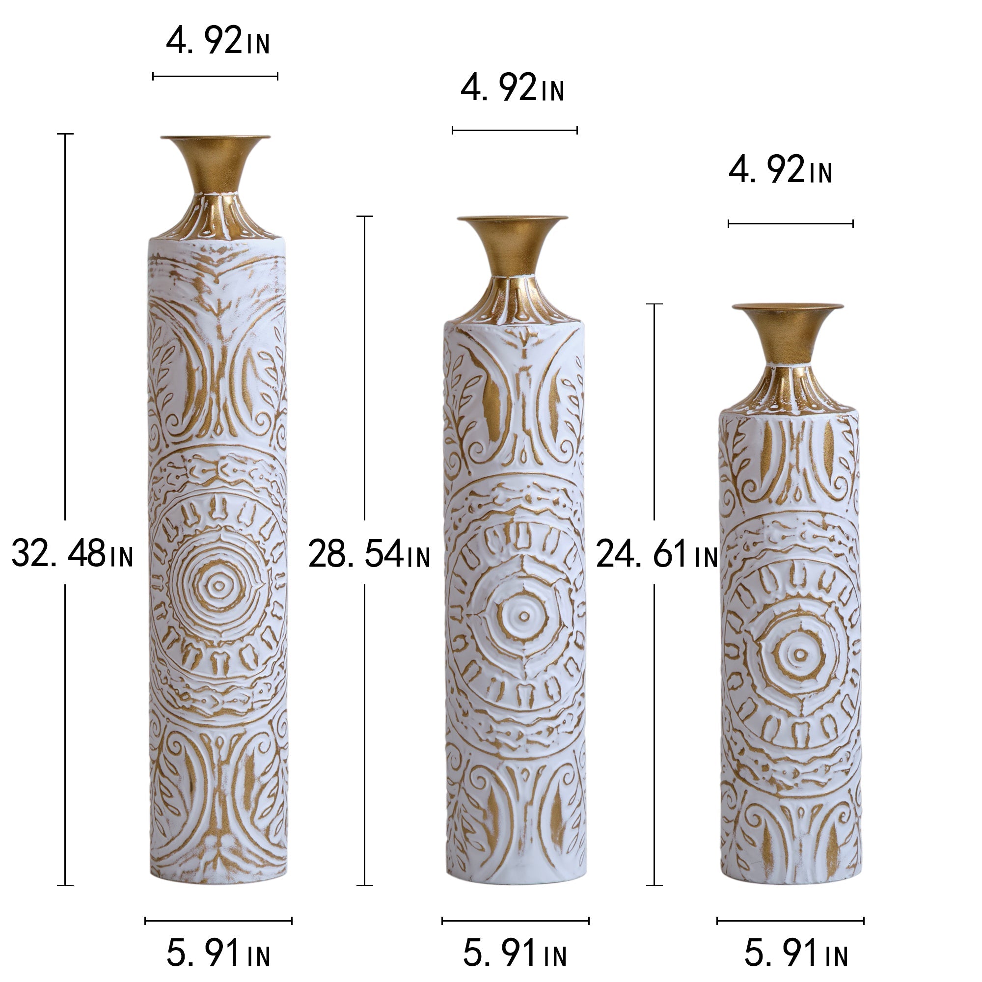 Floor Metal Vases Decorated White Metal Vases Set of 3 Gorgeous Home Decoration Large Glazed Metal Vases 24in/28.7in/33.5in Height