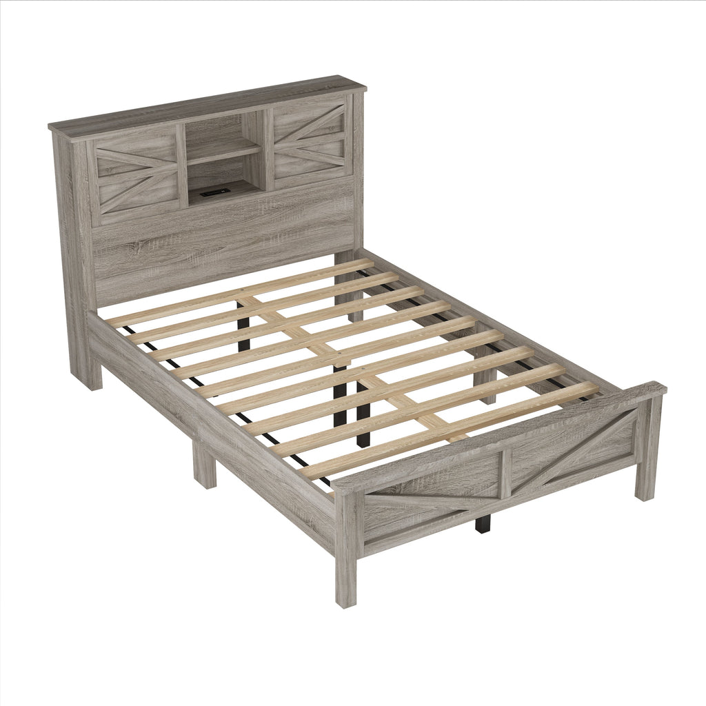 3-Pieces Bedroom Sets Full Size Farmhouse Platform Bed with Double Sliding Door Storage Headboard and Charging Station, Storage Nightstand and Dresser, Antique Gray(Old SKU HL000091AAG)