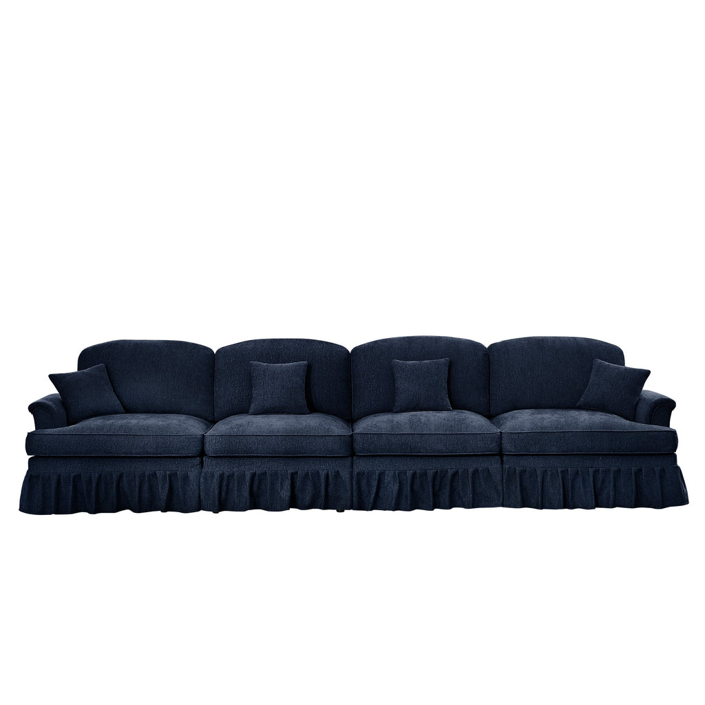 Elegant Mid Century Large 4 Seater Sofa Couch with Flared Arms and Removable Ruffles Pleats Skirts and Spindle Legs, Comfy Chenille Four-Seat Sofa for Living Room, Blue