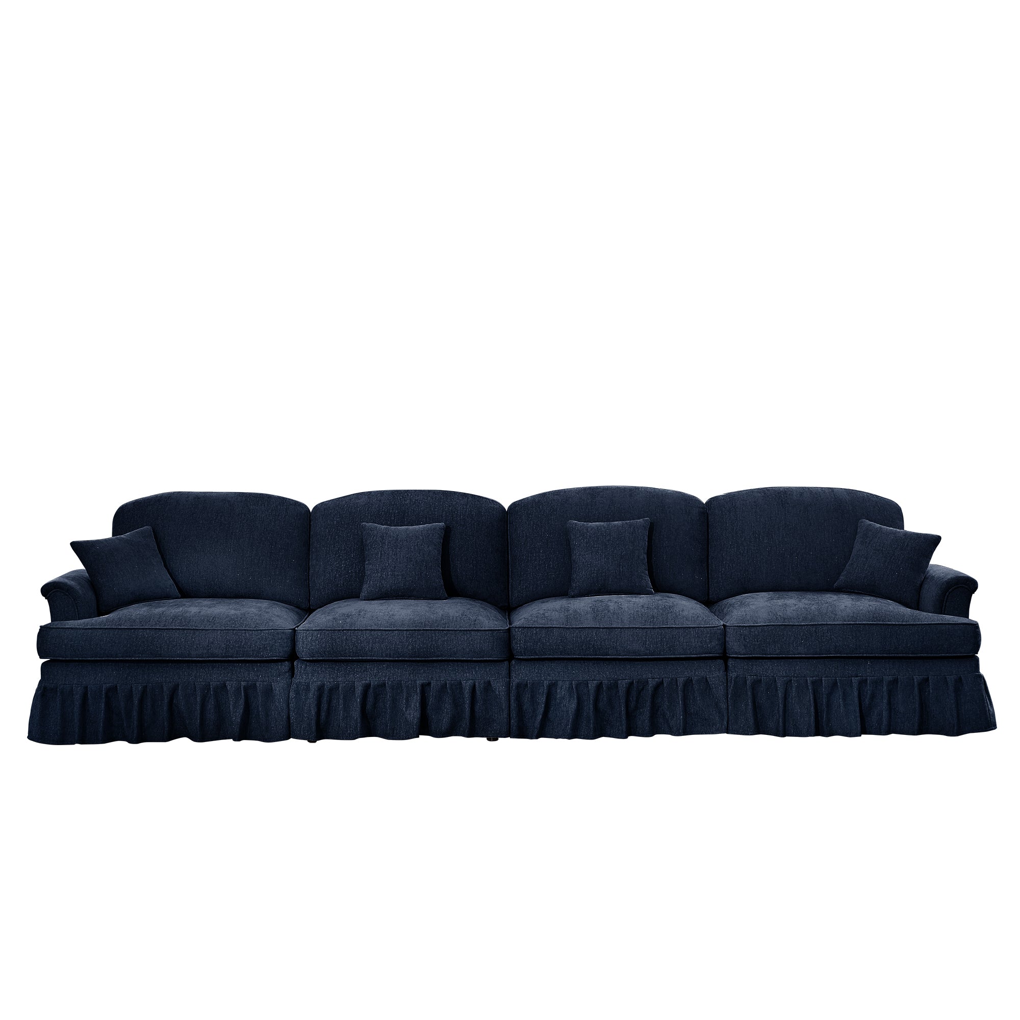 Elegant Mid Century Large 4 Seater Sofa Couch with Flared Arms and Removable Ruffles Pleats Skirts and Spindle Legs, Comfy Chenille Four-Seat Sofa for Living Room, Blue
