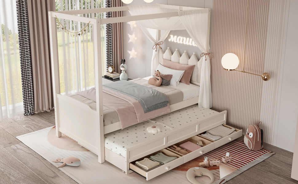 Twin Platform Bed with Upholstered Headboard,Twin Size Trundle and 3 Drawers,Princess Canopy Bed Frame for Kids,Storage & Easy Assembly,Beige