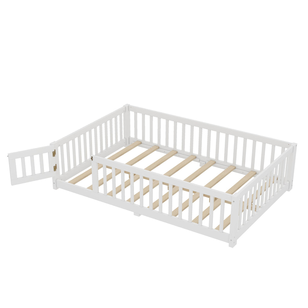 Full Size Bed Floor Bed with Safety Guardrails and Door for Kids, White(Old SKU: W1580P154625)