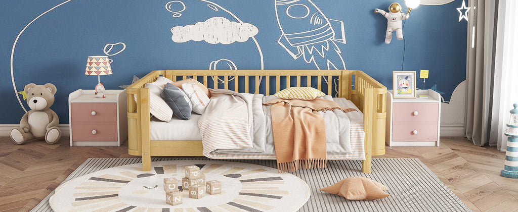 Full Size Wood Platform Bed for Kids, Wood Low Profile Full Bed with Rails for Girls and Boys, Natural (Patented Design, Old SKU W2593P233781)