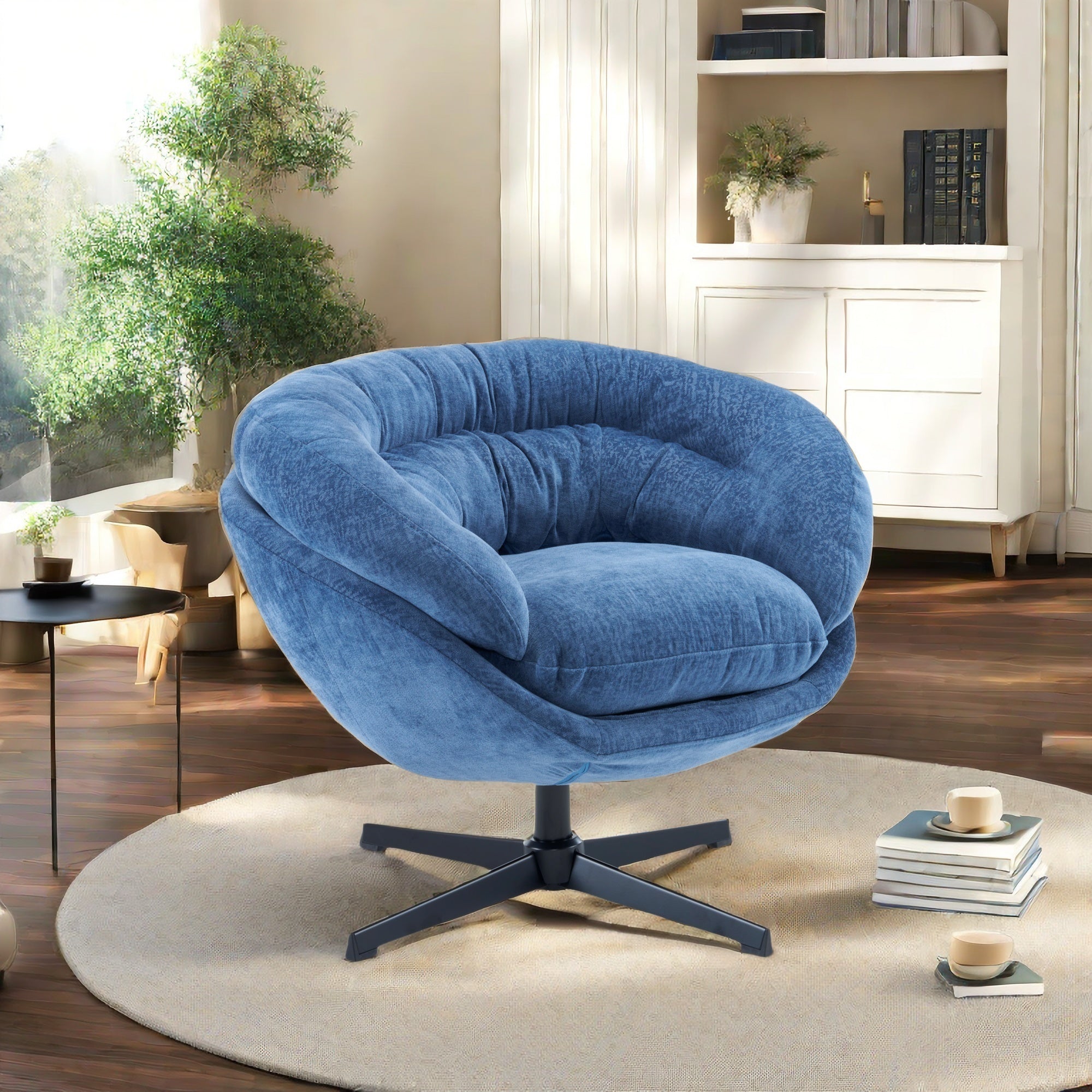 Modern Chenille Office Chair, 360° Swivel Accent Chair with Removable Cushion, Round Office Chair, Black Metal Base, Cotton Material, Living Room, Bedroom, Reading Corner, Office (Navy Blue)