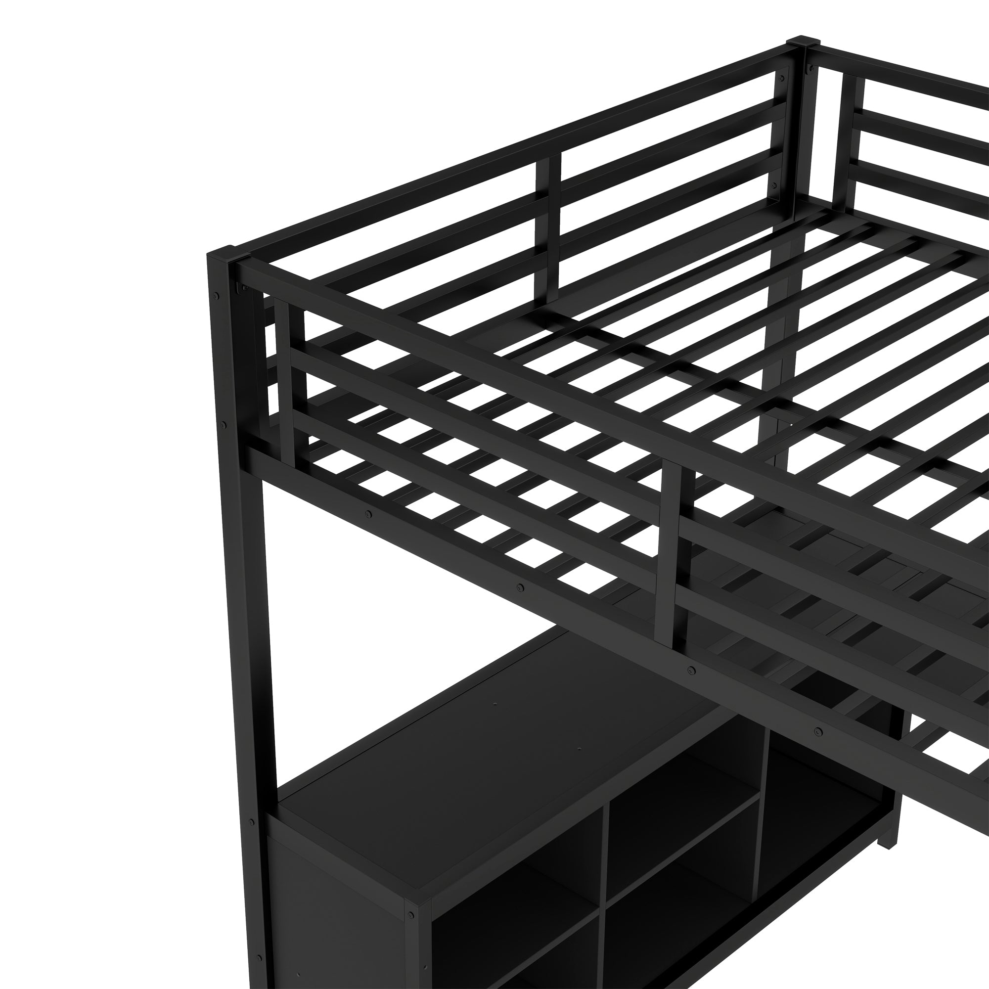 Metal Loft Bed with Wardrobe and L-shaped Desk, Full Size Loft Bed with Storage Cubes and Shelves, Loft Bed for Kids Teens Adults, Black