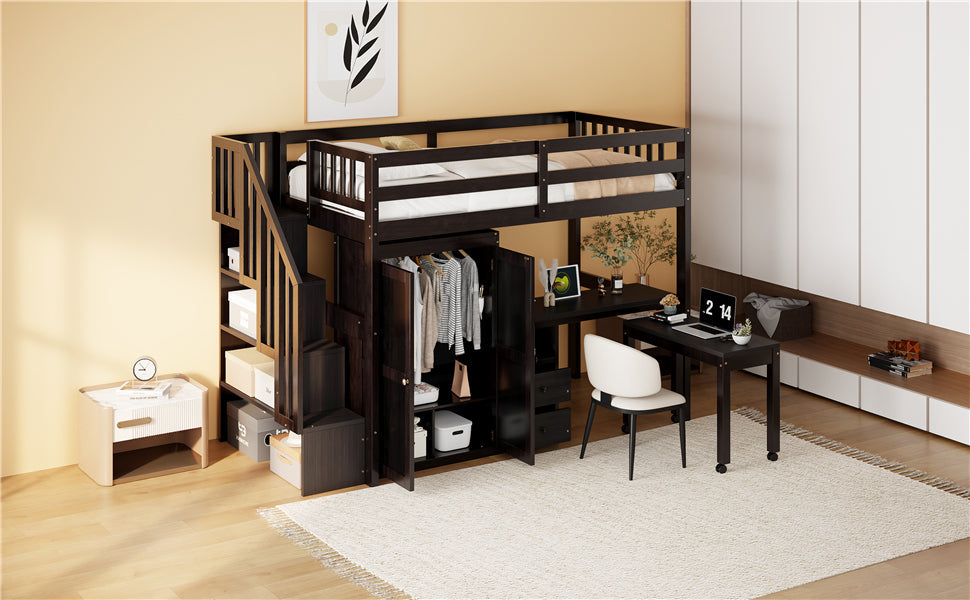 Twin Size Loft Bed with Stairs, Bookshelf, Drawers, Desk & Wardrobe – Space-Saving Multifunctional Furniture for Kids & Teens-Espresso