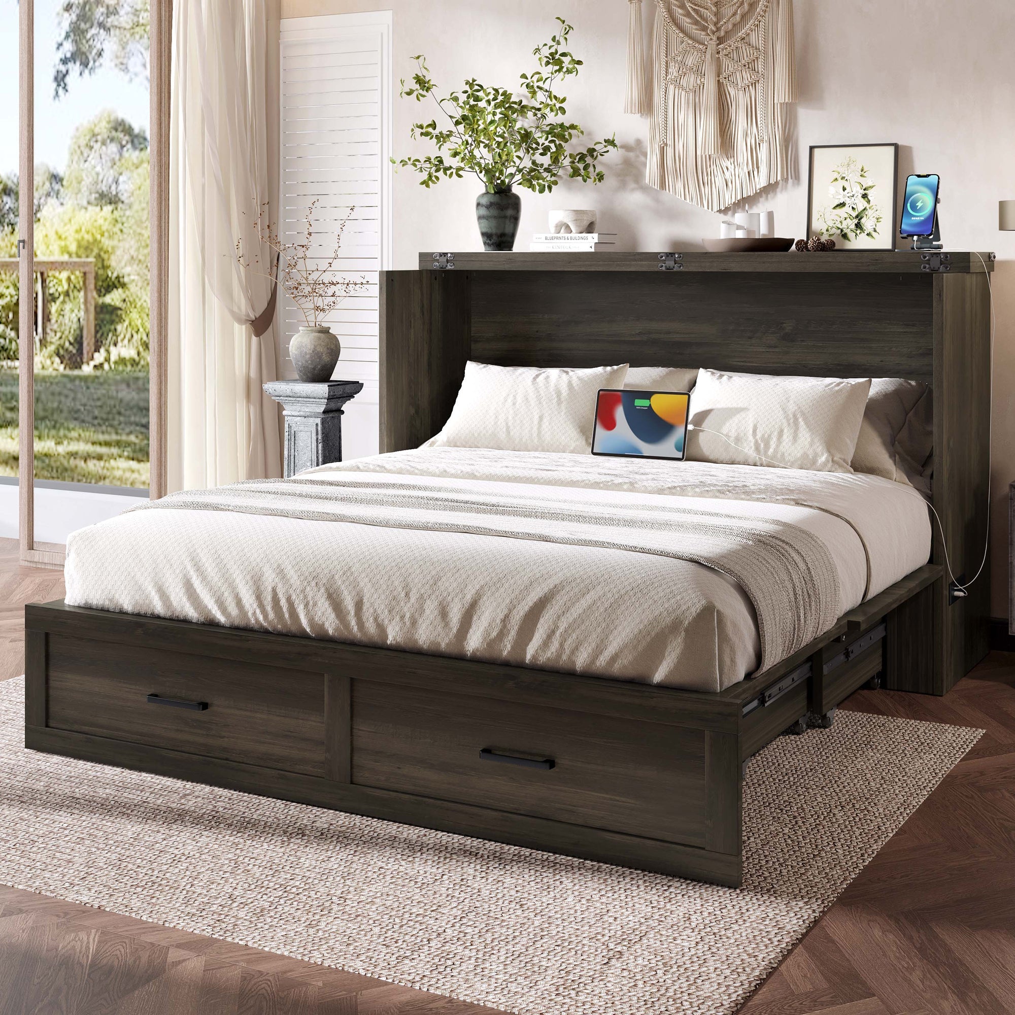 Murphy Bed Cabinet Queen Size with Charging Station, Multi-Functional Foldable Platform Bed with 1 Large Storage Drawer for Guest Room, Small Bedroom, Rustic Gray