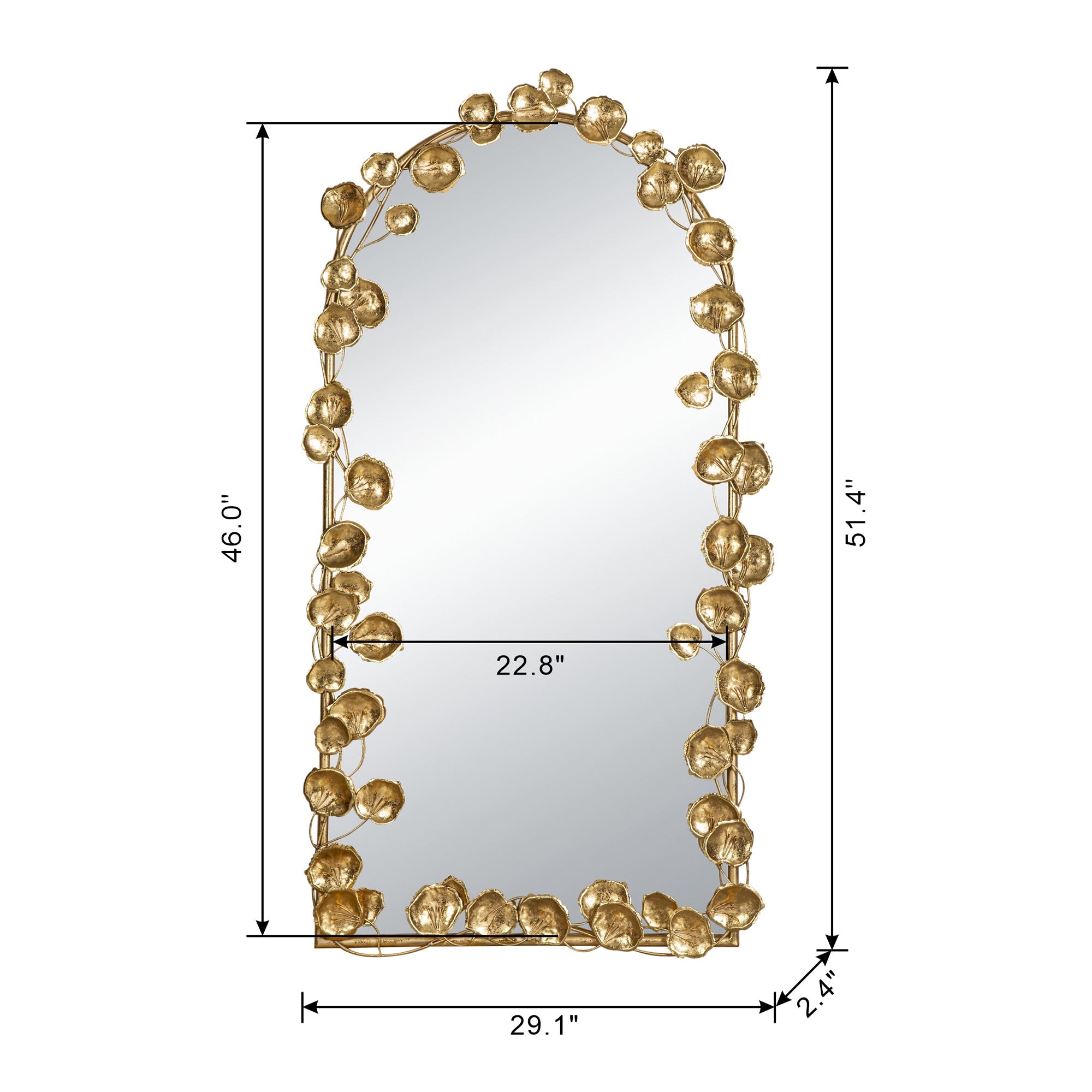 51.5" x 29" Full Length Arched Wall Mirror with Golden Leaf Accents, Decorative Mirror for Living Room Bedroom