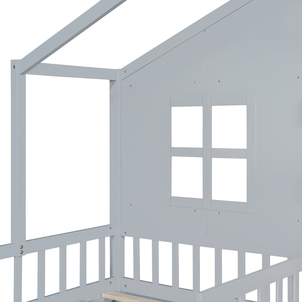 Twin Size House Bed with Sofa, Kids Platform Bed with Two Drawers and Storage Shelf, Gray (Old SKU:HL000065AAE)