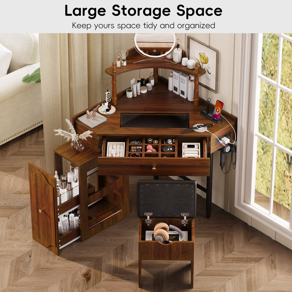 Corner Vanity Desk Set with Storage Cushioned Stool and Charging Station, Triangle Makeup Desk with Removable Pull-Out Side Cabinet, Glass Tabletop Makeup Vanity Desk with Drawer and Shelf, Walnut