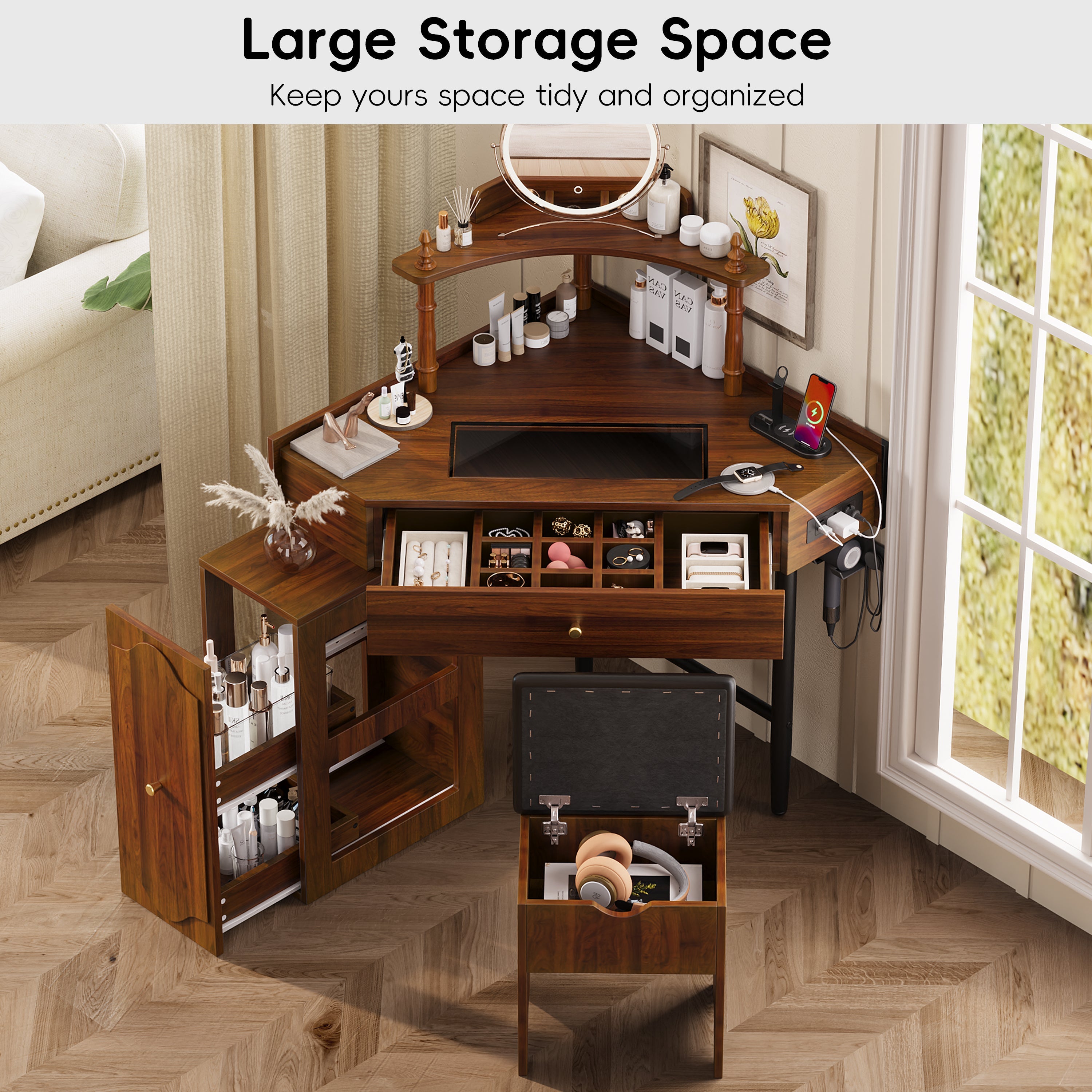 Corner Vanity Desk Set with Storage Cushioned Stool and Charging Station, Triangle Makeup Desk with Removable Pull-Out Side Cabinet, Glass Tabletop Makeup Vanity Desk with Drawer and Shelf, Walnut