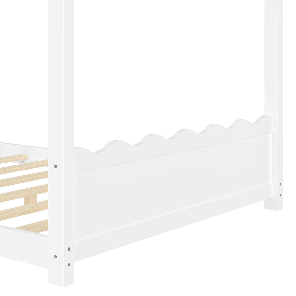 Full House Floor Bed with Support Slats, Solid Wood House Bed Frame for Kids, No Box Spring Needed and Opening Constructure, White