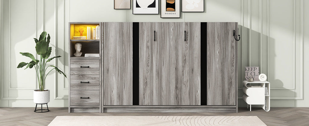 Twin Size Murphy Bed with Drawers and LED Light, can be Folded into a Cabinet, Gray