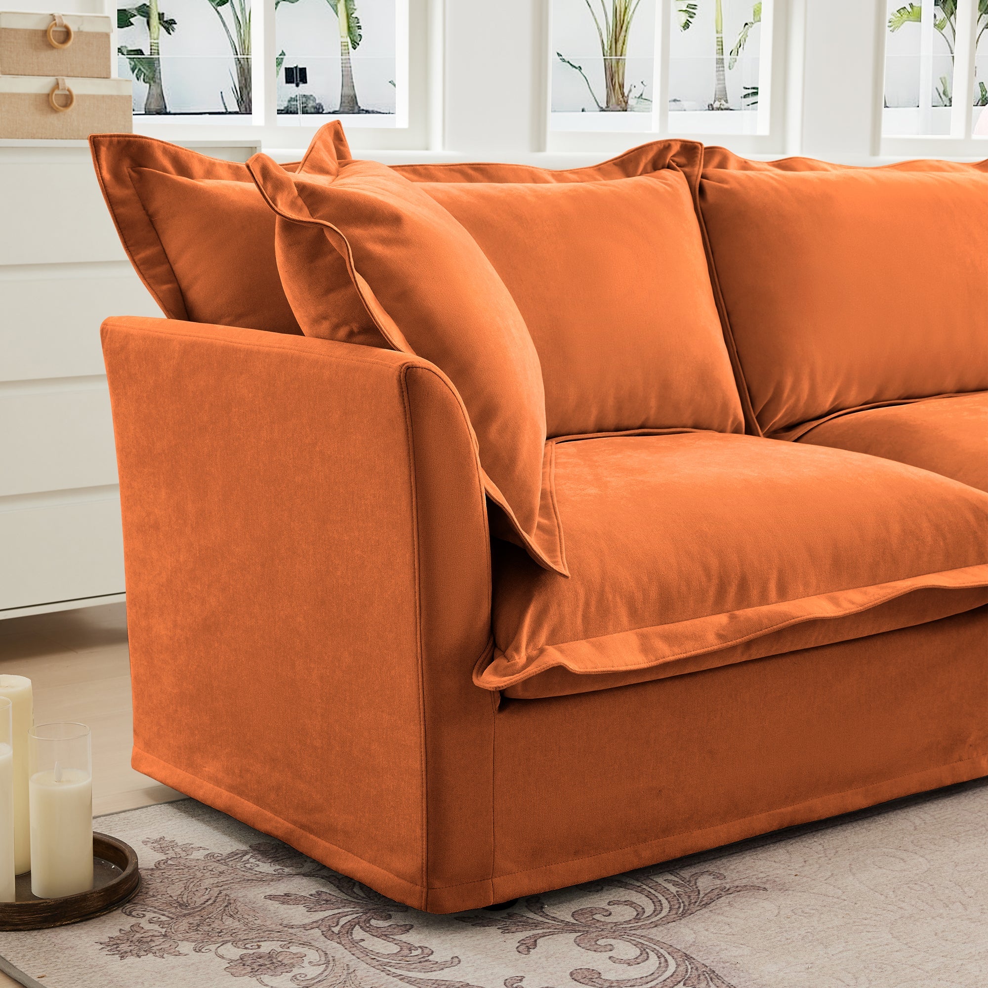 Slip-covered Armchair with 1 Big Back Cushion and 2 Big Toss Pillows, Single Deep Seat Comfy Single Couch Sofa Multiple Large Soft Pillows, Chenille Fabric, Orange