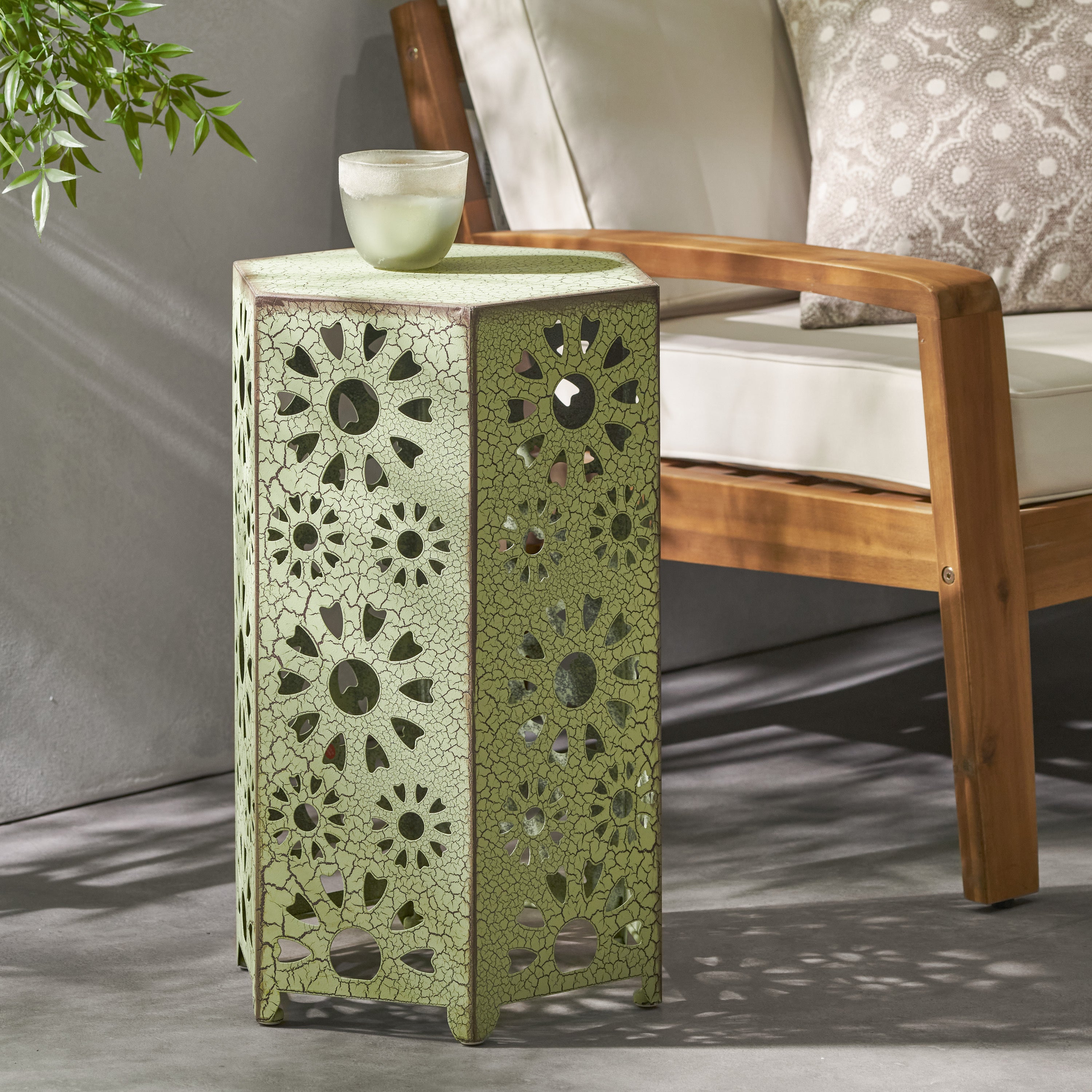 Galore 14' Side Table with Sunburst Cut Out Design, Green