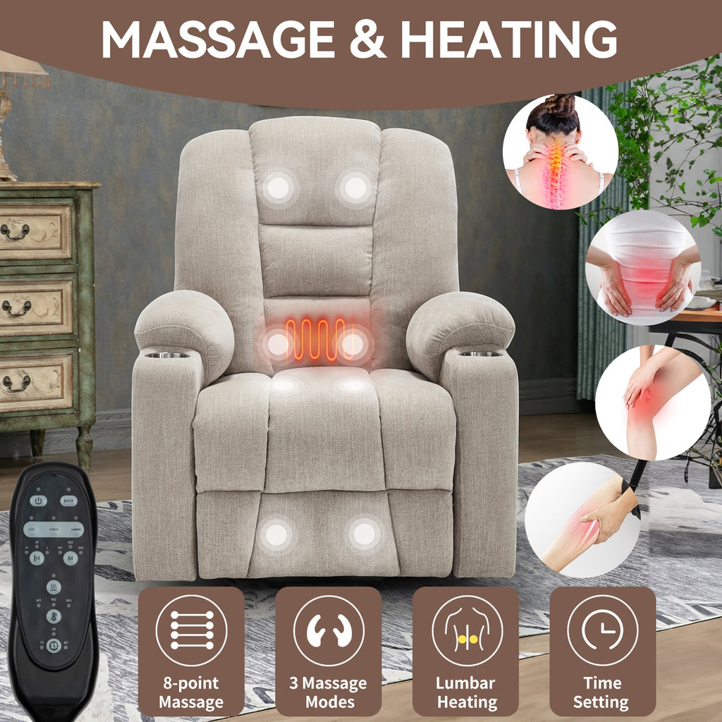 Power Lift Recliner Chair with Massage and Heat for Elderly, Overstuffed Wide Recliners, Heavy Duty Motion Mechanism with USB and Type C Ports, 2 Steel Cup Holders, Beige
