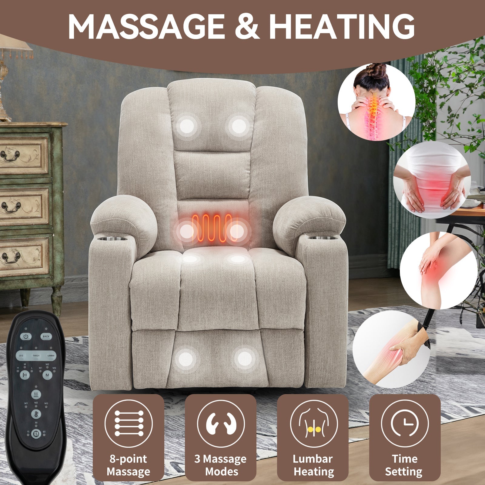 Power Lift Recliner Chair with Massage and Heat for Elderly, Overstuffed Wide Recliners, Heavy Duty Motion Mechanism with USB and Type C Ports, 2 Steel Cup Holders, Beige