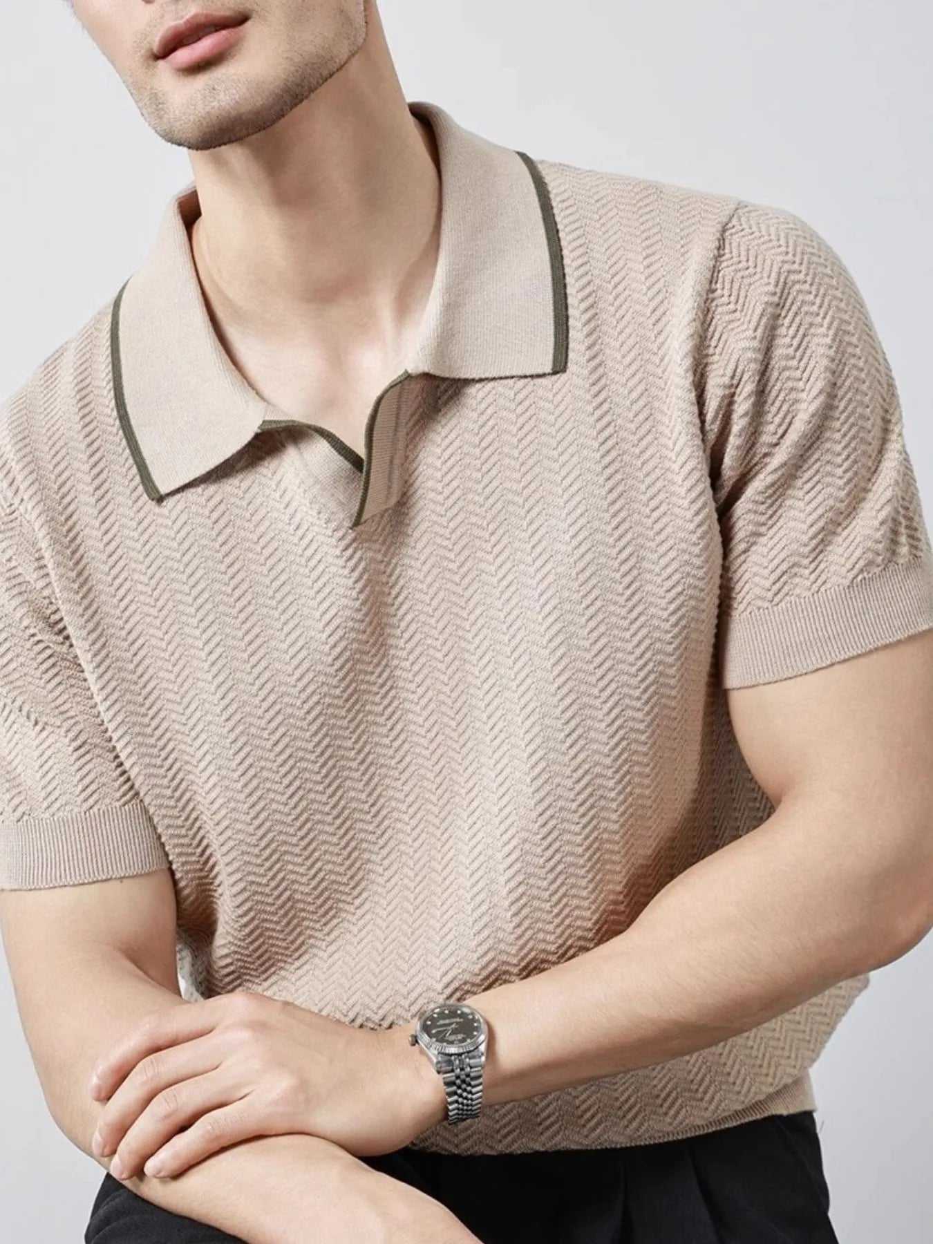 Textured Contrast Trim Short Sleeve Polo