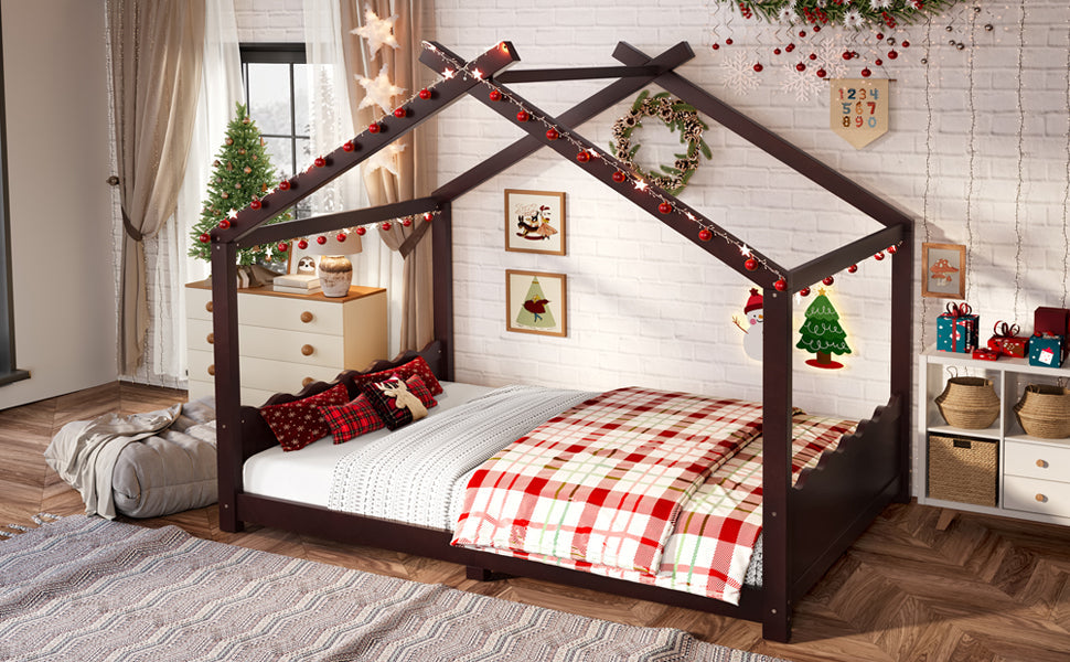 Full House Floor Bed with Support Slats, Solid Wood House Bed Frame for Kids, No Box Spring Needed and Opening Constructure, Espresso