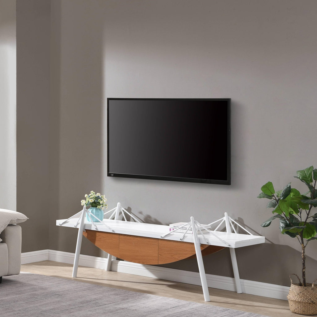 Sailboat-Shaped TV Stand, 70.87 inch Modern Entertainment Center with Drawer, MDF Wood Media Console Table, Unique Nautical Design, Sturdy Metal Support, Storage Cabinet for Living Room and Office