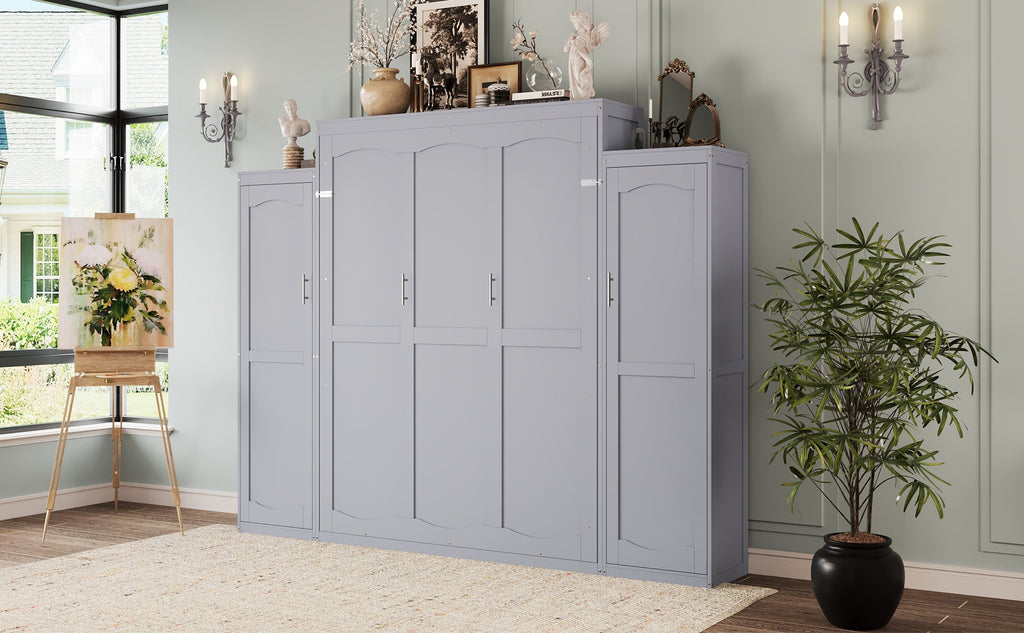 Queen Size Murphy Bed, Wooden Queen Wall Bed with 2 Wardrobe and Storage Shelf, Multifunctional Foldable Platform Bedframe for Guest-Room, Bedroom, Gray