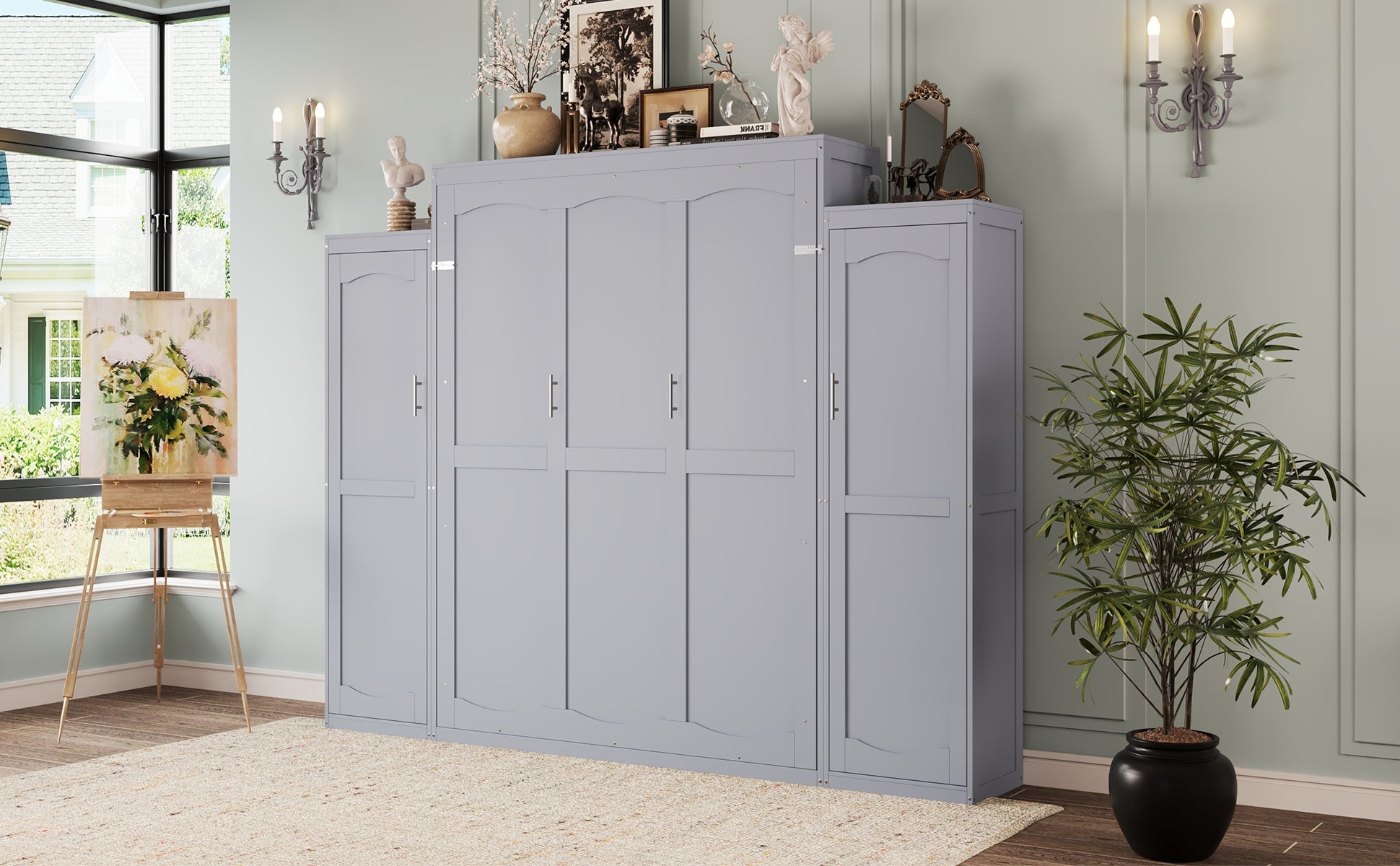 Queen Size Murphy Bed, Wooden Queen Wall Bed with 2 Wardrobe and Storage Shelf, Multifunctional Foldable Platform Bedframe for Guest-Room, Bedroom, Gray