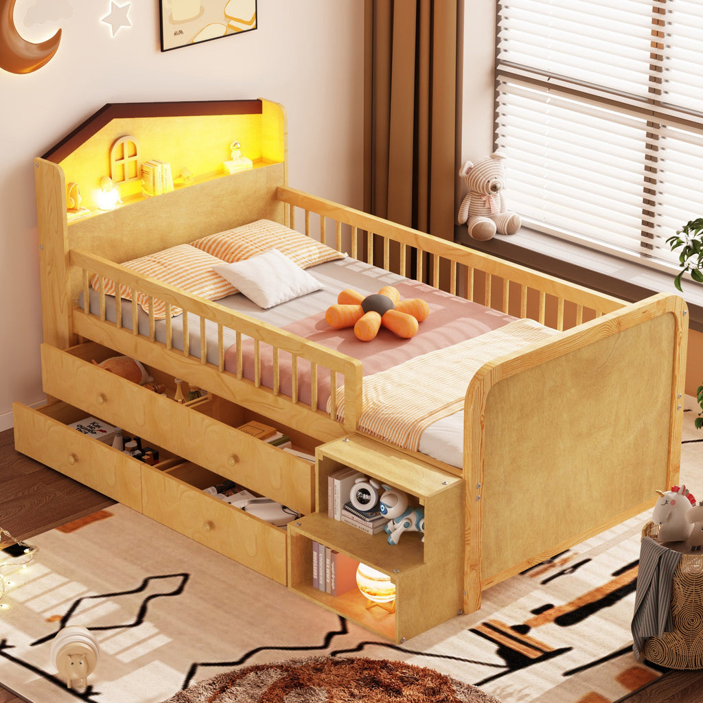 Low Loft Bed with LED Lights, Wooden Twin Loft Bed with House Shape Headboard, Kids Loft Bed with Storage Drawers, Natural (Expect Arrival Date 2025/1/20)